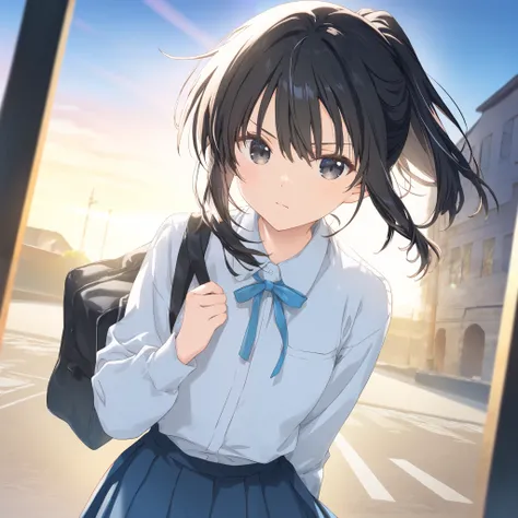 1girl, very beautiful girl, Perfect girl, Straight view, medium hair, One ponytail, medium ponytail, Pitch black hair, Black eyes, School uniform, Blue skirt, long sleeve, White hair ribbins, Serious expression, Narrow eyes, School bag, Sunrise, Primary 6,...