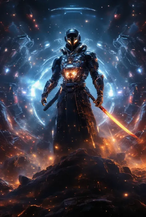 {{A ((majestic and battle-hardened)) depiction of {a futuristic samurai in a high-tech space suit, standing on the edge of a shattered asteroid}} with {his katana glowing with plasma energy, reflecting the distant light of a dying star}. This is a {cyberpu...