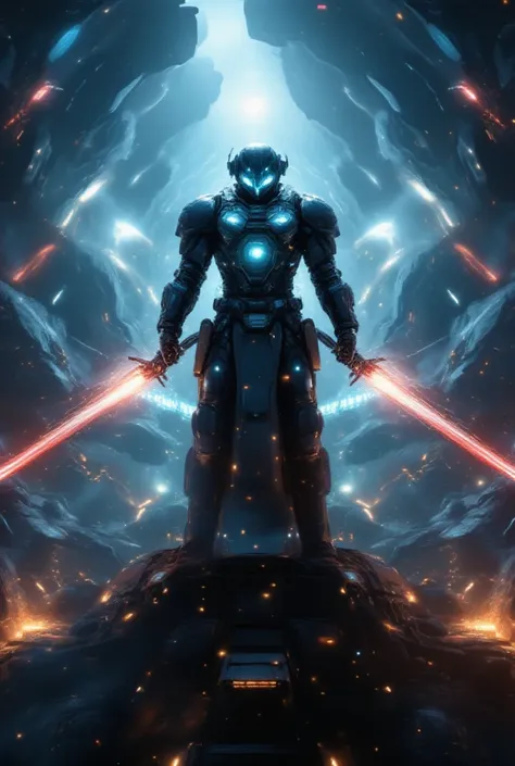 {{A ((majestic and battle-hardened)) depiction of {a futuristic samurai in a high-tech space suit, standing on the edge of a shattered asteroid}} with {his katana glowing with plasma energy, reflecting the distant light of a dying star}. This is a {cyberpu...