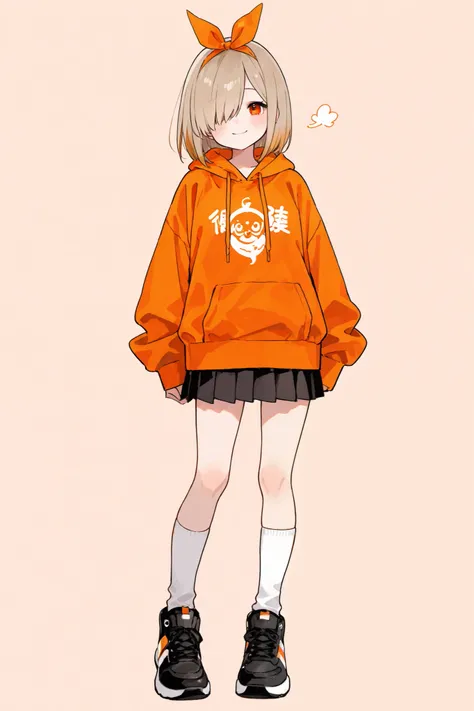  one girl、 full body standing picture 、 Light Brown Hair、 bob hair、 have bristles bouncing outward、 high school girl、I'm wearing a hoodie over my uniform、empty hoodie in front in orange、The uniform ribbon is thin and red、hair over one eye、 zitoida、Tall、 bl...