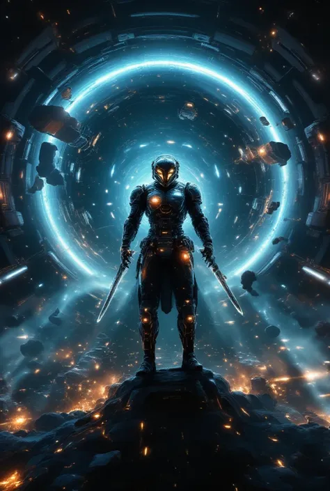 {{A ((majestic and battle-hardened)) depiction of {a futuristic samurai in a high-tech space suit, standing on the edge of a shattered asteroid}} with {his katana glowing with plasma energy, reflecting the distant light of a dying star}. This is a {cyberpu...