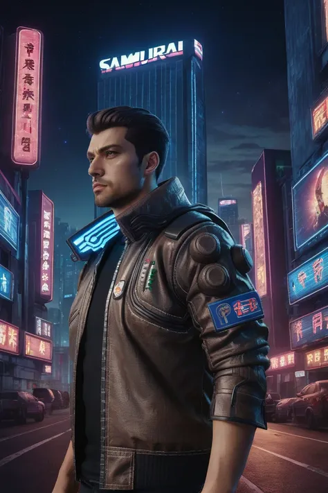 Advertising poster style a man wearing a brown cyberpunk Samurai jacket, looking at viewer, black jeans, black shirt, standing in a busy city street, sleeves up, night, night sky, large cityscape, neon signs, highly detailed, professional, 4k,  . Professio...