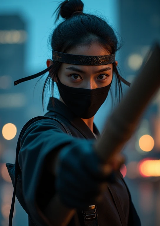  (((Female ninjas in the Edo period))),  (((The background is a modern big city building ))), (( a perfectly beautiful 20 year old Japanese female ninja)),  (((A mask only visible to the eye))),  ((( wearing a headband ))), ((( upper body picture))), ((( M...