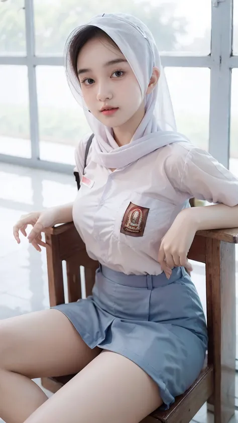   masterpiece  , ((  best quality :1.3)) , Beautiful 18 Years Old  ,  perfect breast uncovered ,  open chest ,white hijab,  White High Sleeves Short Sleeves Unbuttoned Loose Open ,  blue , sit down ,  in the classroom  , Take Selfie ,  front facing  , ((we...