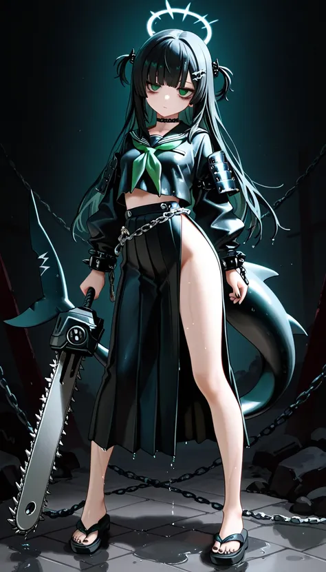 1girl, green eyes, Black Hair (green gradient), blunt bangs, black shark tail, small Breast, choker, bare legs, foot, black nails, masterpiece, best quality, Perfect details, perfect composition, absurdres, newest, very aesthetic, amazing quality, highres,...