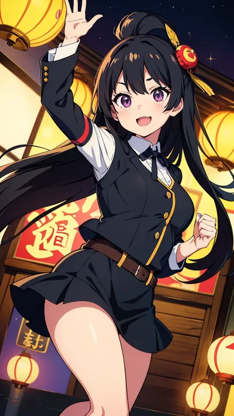 A super cute and energetic anime-style girl with long, flowing black hair and big, round, droopy purple eyes, giving her an innocent and playful look. She appears to be in her late s but has a slightly chibi-like, exaggeratedly adorable proportion.

She we...