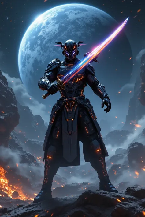 {{A ((majestic and battle-hardened)) depiction of {a futuristic samurai in a high-tech space suit, standing on the edge of a shattered asteroid}} with {his katana glowing with plasma energy, reflecting the distant light of a dying star}. This is a {cyberpu...