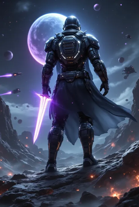 {{A ((majestic and battle-hardened)) depiction of {a futuristic samurai in a high-tech space suit, standing on the edge of a shattered asteroid}} with {his katana glowing with plasma energy, reflecting the distant light of a dying star}. This is a {cyberpu...