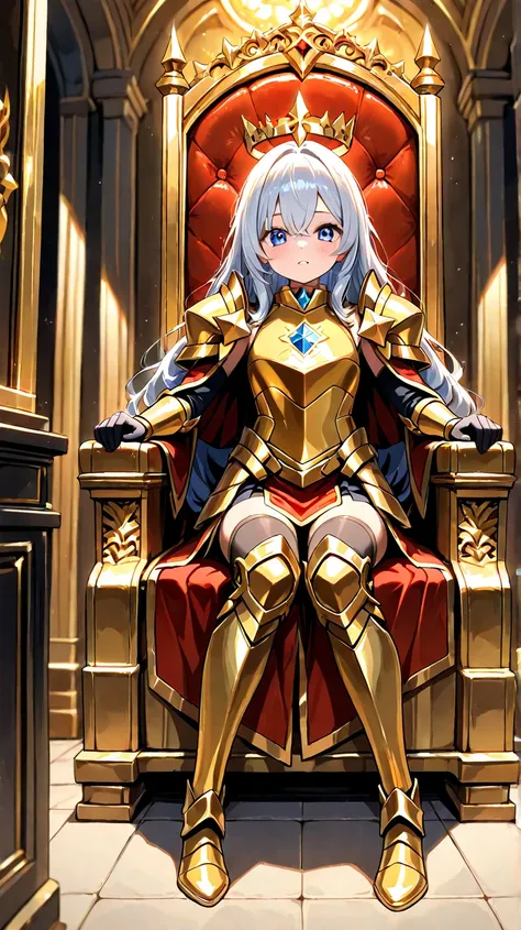 a young woman, wearing a golden armor in the throne room, full of knights