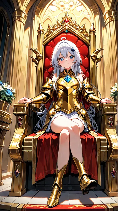 a young woman, wearing a golden armor in the throne room, full of knights