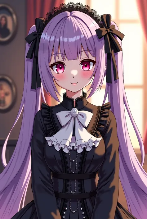 "Anime-style gothic lolita character with lavender hair styled in long straight twin-tails flowing down her back, tied with black long ribbons that reach her waist. She wears a predominantly black gothic lolita outfit with intricate lace details and long s...