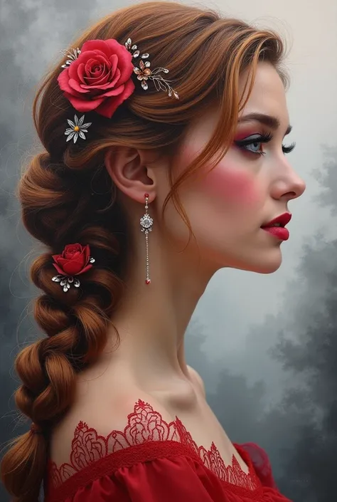 Highley detailed air brush oil paint woman’s elegant profile set against a foggy mist of red grey black glitter swirls her hair auburn blonde french braid with flowers sparkling crystals bold eye makeup rose blush daring rose lips