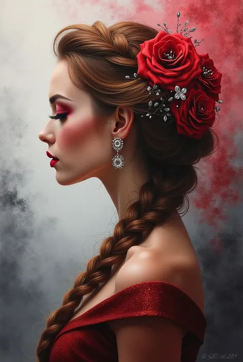 Highley detailed air brush oil paint woman’s elegant profile set against a foggy mist of red grey black glitter swirls her hair auburn blonde french braid with flowers sparkling crystals bold eye makeup rose blush daring rose lips