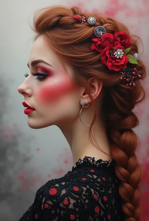 Highley detailed air brush oil paint woman’s elegant profile set against a foggy mist of red grey black glitter swirls her hair auburn blonde french braid with flowers sparkling crystals bold eye makeup rose blush daring rose lips