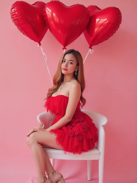 A stunning young woman with long, wavy blonde hair sits elegantly on a white modern chair against a soft pink background. She wears a glamorous red strapless dress adorned with intricate floral appliqués on the side, creating a voluminous and artistic effe...