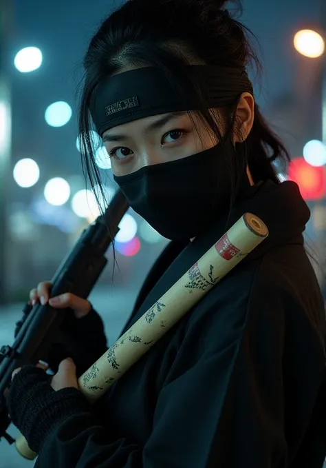  (((Female ninjas in the Edo period))),  (((The background is a modern big city building ))), (( a perfectly beautiful 20 year old Japanese female ninja)),  (((A mask only visible to the eye))),  ((( wearing a headband ))), ((( upper body picture))), ((( M...