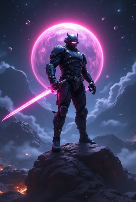 {{A ((majestic and battle-hardened)) depiction of {a futuristic samurai in a high-tech space suit, standing on the edge of a shattered asteroid}} with {his katana glowing with plasma energy, reflecting the distant light of a dying star}. This is a {cyberpu...