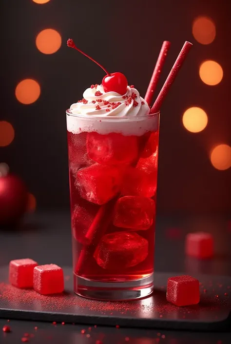 Prompt:
"A tall, elegant glass filled with a rich, red-colored mocktail sits on a sleek dark surface. The drink has a deep ruby hue with crushed red ice and syrupy swirls, creating a mesmerizing texture. A swirl of whipped cream sits on top, dusted with re...