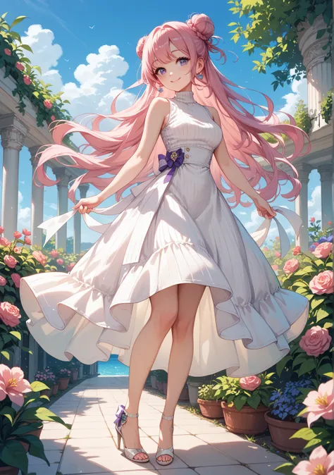  1 girl,Beautiful girl, cute girl,  pink hair ,  long hair ,  purple eyes , Bun Hair , smile , white ribbed sleeveless ,  tight miniskirt holding 3 hands ,  high heels , whole body , summer , blue sky ,garden