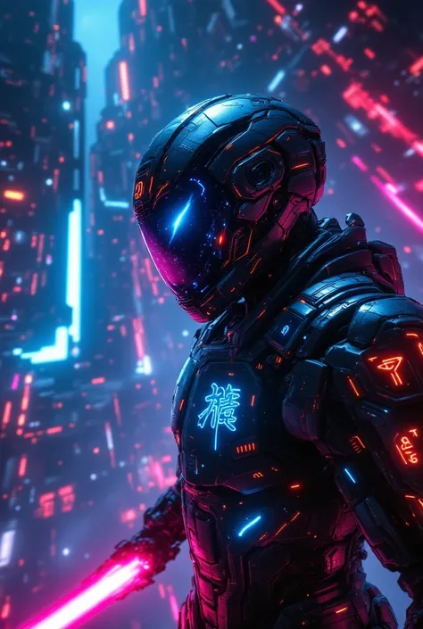 {{A ((intimidating and hyper-detailed)) representation of {a cybernetic samurai, equipped with a high-tech exosuit and a plasma-charged katana, preparing for battle on a futuristic space station}} with {neon kanji holograms glowing on his armor, and a mech...