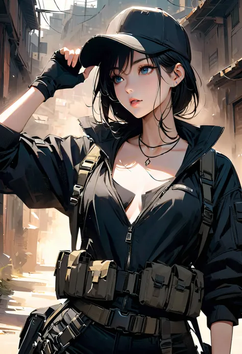 A stunning anime-style illustration of a beautiful woman with long black hair and striking blue eyes, wearing a sleek black tactical outfit. She wears a fitted tactical jumpsuit with a utility belt and multiple pouches, giving her a professional and stylis...