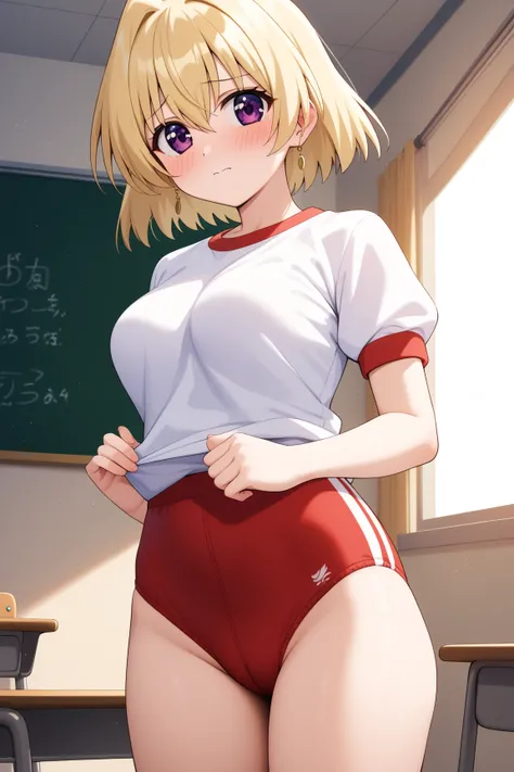 masterpiece,best quality,{{detailed beautiful face and eyes}}, very detailed background,
Shamal,{{{megami magazine}}},short hair,blonde hair,hair between eyes,purple eyes,medium breasts,
gym uniform,red buruma, white shirt, short sleeves, thighs,
1girl,(is...