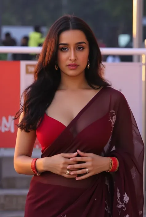 ((best quality)), ((masterpiece)), (detailed), (beautiful realistic model), (SFW:1.5), Standing ina a crowded fish market , Full body potrait,Standing pose,Wearing dark maroon transparent saree, wearing dark red sleeveless blouse,dark red lipstick on lucio...