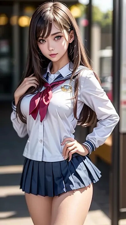 (2girls), Brown hair, Amazing face and eyes, Pink eyes, (hi-school uniform with wide open breasts:1.2), beautiful big breasts, bare breasts, (amazingly beautiful girl), Brown hair, (High School Uniform, Pleated mini-skirt:1.5), ((Best Quality)), (Ultra-det...