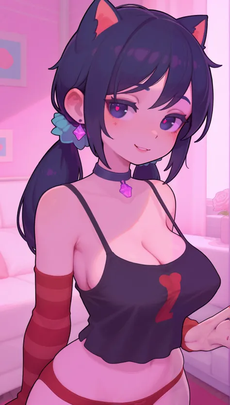 (masterpiece), (portrait), big breasts (aesthetics), ((1 21-year-old woman)), statement earrings), ((long hair)), ((warm crystal black hair)), ((Mita, 1girl, twintails, scrunchie, hair scrunchie) straight hair, thin open eyes, purple eyes, cute, naughty, c...