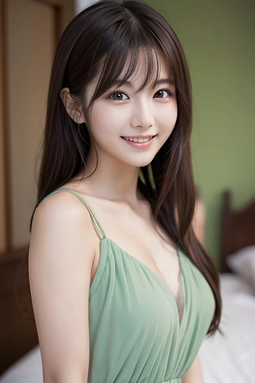  Realistic Photo Quality 、A Japanese model in a see-through pastel green dress sits on a bed and poses for a photo, sexy :8, Japanese goddesses,  looking at camera、Detailed and beautiful eyes、 cute smiles 、 soft and gentle expression 、 have smiling faces