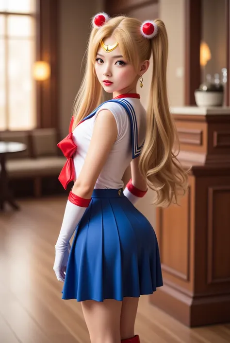 A realistic portrait of an adorable Asian  dressed as Sailor Moon, standing in a professional studio setting. She wears a detailed Sailor Moon costume with a blue pleated skirt, a white sailor-style top with a red bow, red boots, white gloves, and golden c...