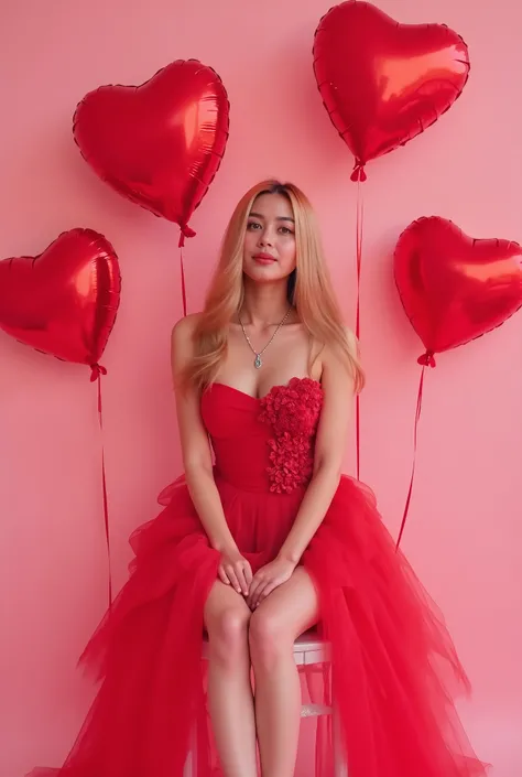 A stunning young woman with long, wavy blonde hair sits elegantly on a white modern chair against a soft pink background. She wears a glamorous red strapless dress adorned with intricate floral appliqués on the side, creating a voluminous and artistic effe...