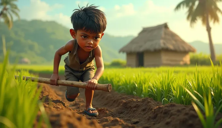 Rahul’s Hard Work in the Village
A young boy (Rahul) plowing a field under the hot sun, sweat dripping down his face, surrounded by green paddy fields and a small hut in the background.