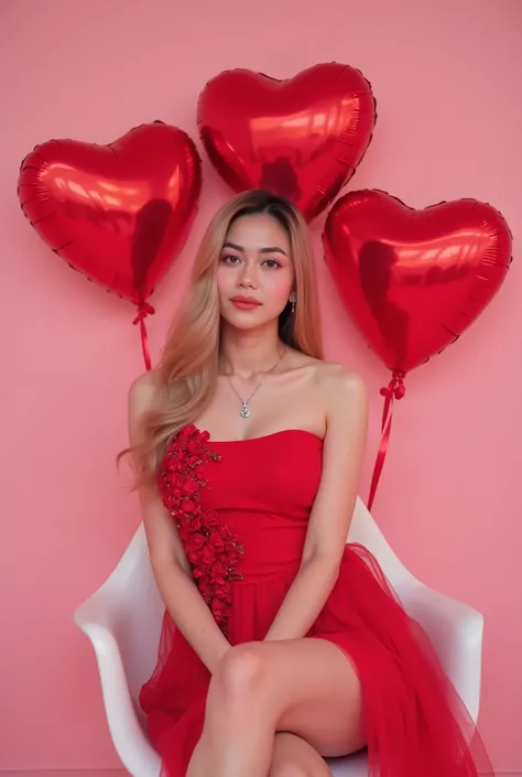 A stunning young woman with long, wavy blonde hair sits elegantly on a white modern chair against a soft pink background. She wears a glamorous red strapless dress adorned with intricate floral appliqués on the side, creating a voluminous and artistic effe...