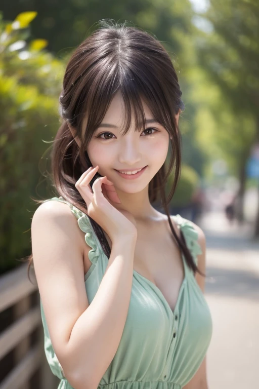  Realistic Photo Quality 、A Japanese model in a see-through pastel green dress sits on a bed and poses for a photo, sexy :8, Japanese goddesses,  looking at camera、Detailed and beautiful eyes、 cute smiles 、 soft and gentle expression 、 have smiling faces