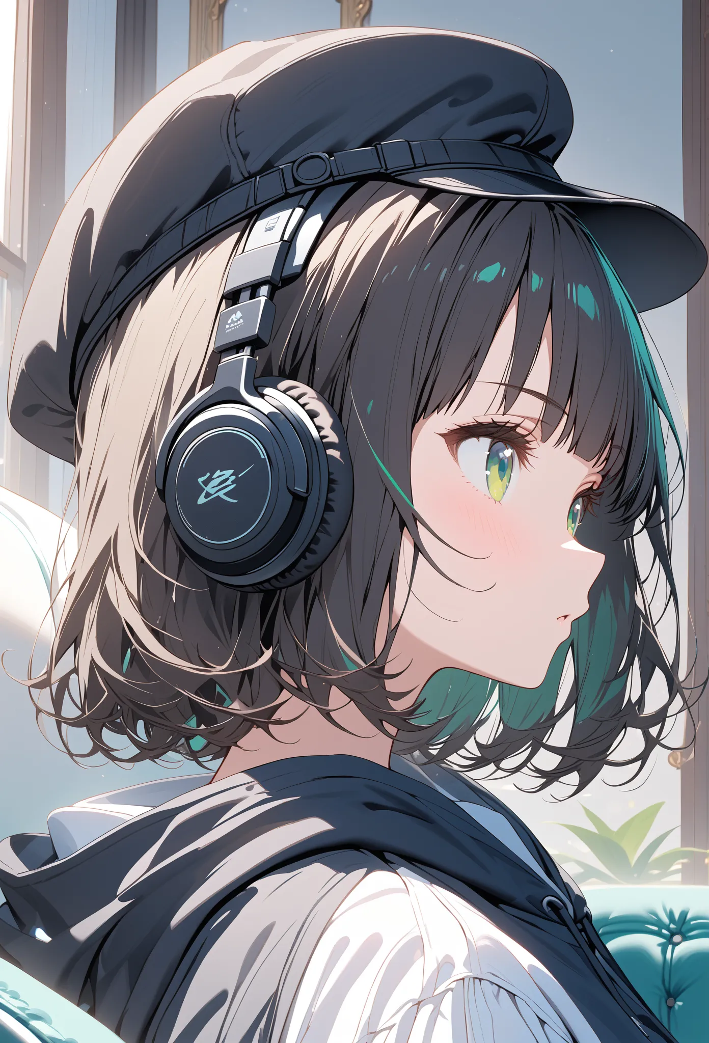 {{{masterpiece}}}, {{{top quality}}}, {{ultra detail}}, {kawaii,detail eyes}, solo girl, solo, (black hair,bob cut,wavy hair),((jade green eyes)),blunt bangs,(black headphones),((black hoodie)),((black cabbie hat)),((white palazzo pants)),portrait,profile,...