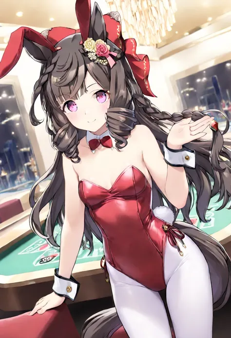 daiichi ruby \(umamusume\), 1 girl, horse ears, Horsetail, viewers, Horsetail, smile, viewers, standing, Uma Musume , 1 girl, horse ears, Horsetail, The viewers, playboy bunny, rabbit ears, white rabbit ears, fake rabbit ears, pantyhose, white pantyhose, b...