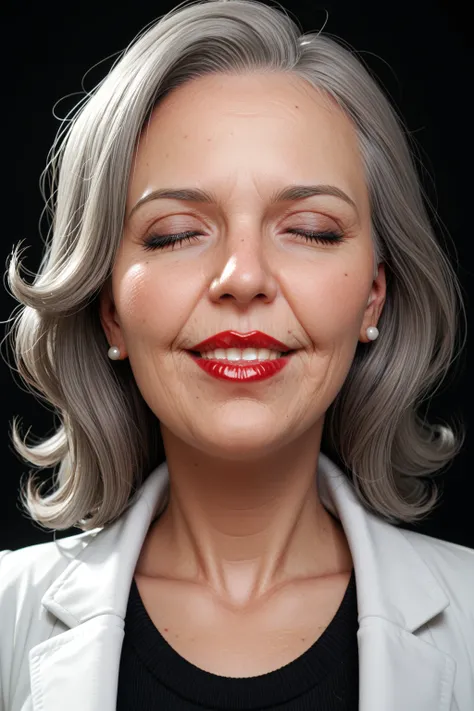 score_9, score_8_up, score_7_up, black background, elderly, woman, gray hair with brown streaks_shoulder length,t, lab coat,biting lower lip, black high neck sweater, gray skirt, looking toat viewer, moaning, eyes closed, red lipstick
