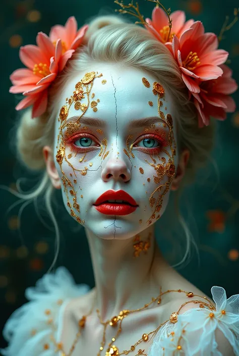 Cracked floral mask, red lips too bold, vines creeping through fractures—organic or artificial, beauty or ruin, Around and On  her eyes Red and gold Gems and Glitter , Full Shot of Her in her dress,

A Beautiful Real Looking Woman with stretched plastic sk...