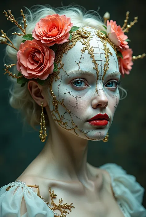 Cracked floral mask, red lips too bold, vines creeping through fractures—organic or artificial, beauty or ruin, Around and On  her eyes Red and gold Gems and Glitter , Full Shot of Her in her dress,

A Beautiful Real Looking Woman with stretched plastic sk...