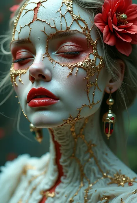 Cracked floral mask, red lips too bold, vines creeping through fractures—organic or artificial, beauty or ruin, Around and On  her eyes Red and gold Gems and Glitter , Full Shot of Her in her dress,

A Beautiful Real Looking Woman with stretched plastic sk...