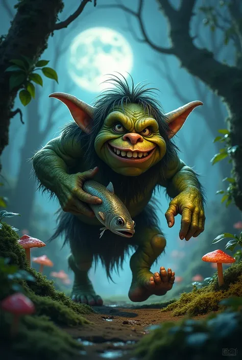 a troll walks through the forest at night with a fish in his hands 