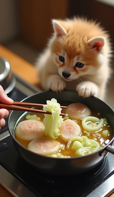 Real photo。 table、 and a pot about 10 centimeters deep is placed on the stove on the tabletop、 Chinese cabbage and sliced pork are simmering in the pot 。 The kitten with light brown fur is holding chopsticks with its right front foot to eat the Chinese cab...