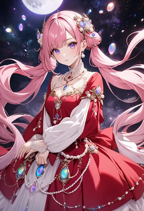  pink hair with sleeves。 Long Twin Tails with Vertical Rolls 。Mysterious and Magical Purple Eyes 。 woman in red dress 。Pearl Ornaments 。 Luxurious Moonstone and Opal Hair Ornaments。