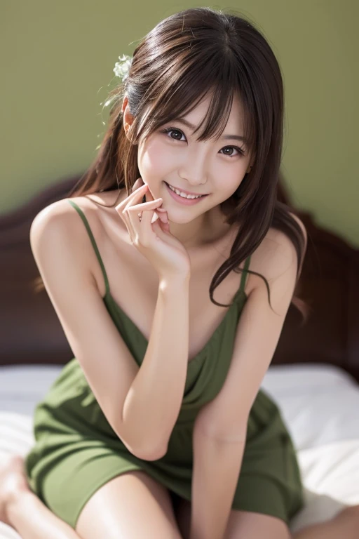  Realistic Photo Quality 、A Japanese model in a see-through pastel green dress sits on a bed and poses for a photo, sexy :8, Japanese goddesses,  looking at camera、Detailed and beautiful eyes、 cute smiles 、 soft and gentle expression 、 have smiling faces