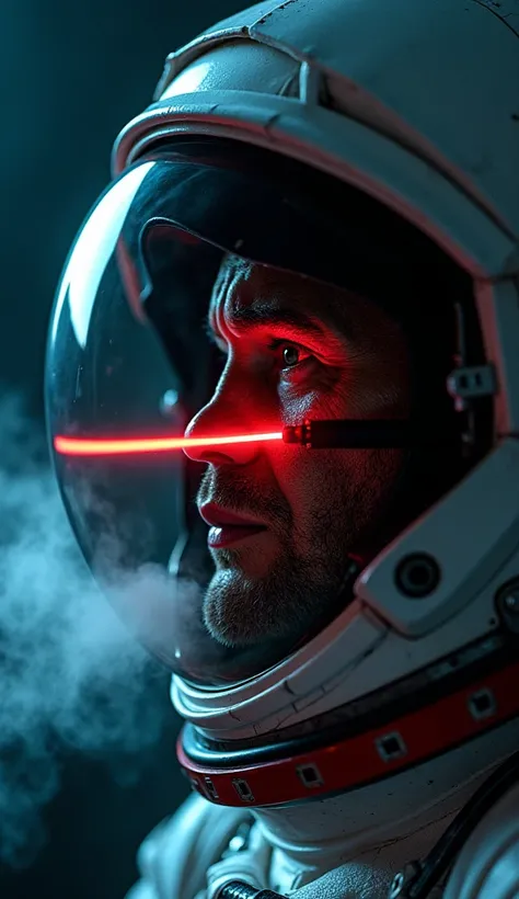 A close-up view of an astronaut's helmet captures the tension of the moment. His visor reflects a haunting image—a samurai, clad in futuristic armor, wielding a glowing laser katana, approaching menacingly through the void of space. The eerie glow of the w...