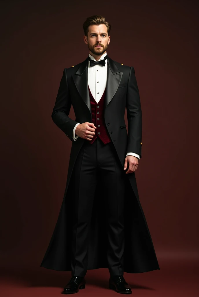 A regal-looking nobleman dressed for a high-society evening event. He wears a perfectly tailored black tuxedo with an elegant satin shawl lapel, a white silk shirt with gold cufflinks, and a deep burgundy velvet waistcoat. He completes the look with polish...