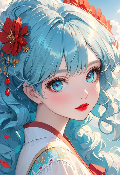  light blue hair,  turquoise eye , long eyelashes, Big Red Lips,  apricot eyes,  beauty,  girly,  curly hair,  princess