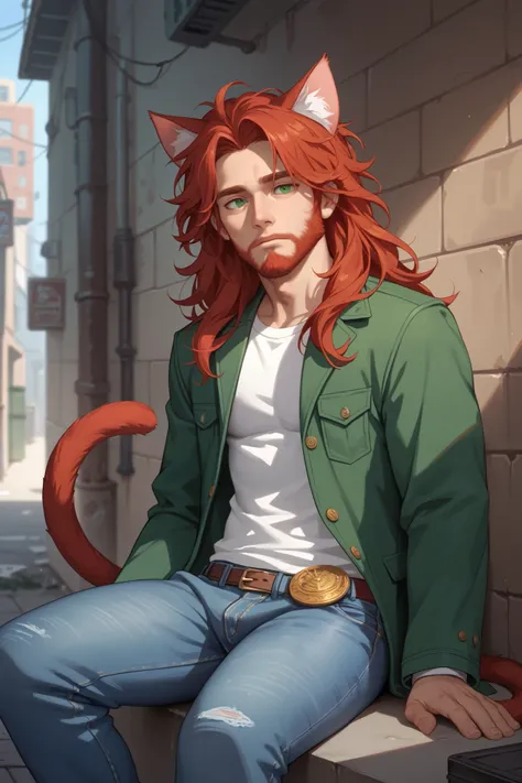 cel shading, 1boy, solo, mature male, depressed, 30 years, red hair, long hair, messy hair, beard, big eyes, green eyes, cat eyes, cat ears, cat tail, green jacket, jeans, sitting, sitting, alley, portrait