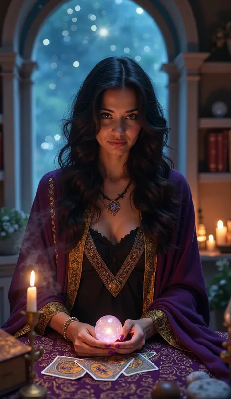  A mysterious and captivating fortune teller in a mystical setting .  The fortune teller is a woman of about 40 years old ,  with dark and wavy hair falling on her shoulders Bros , } wearing a deep purple and gold shawl over a dark flowing dress .  She has...